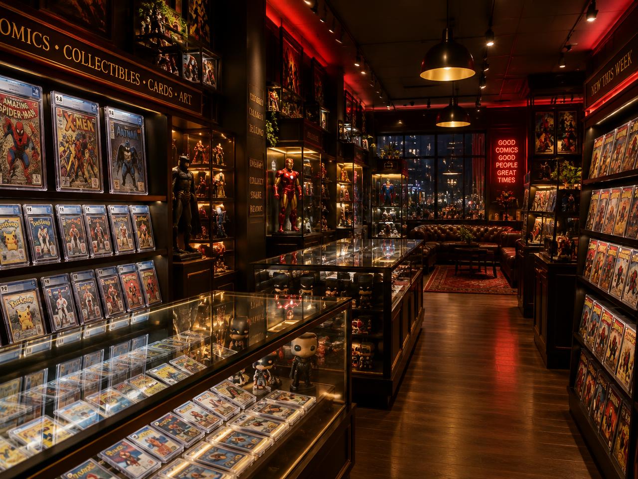 Inside a collectibles shop with display cases of comics and cards
